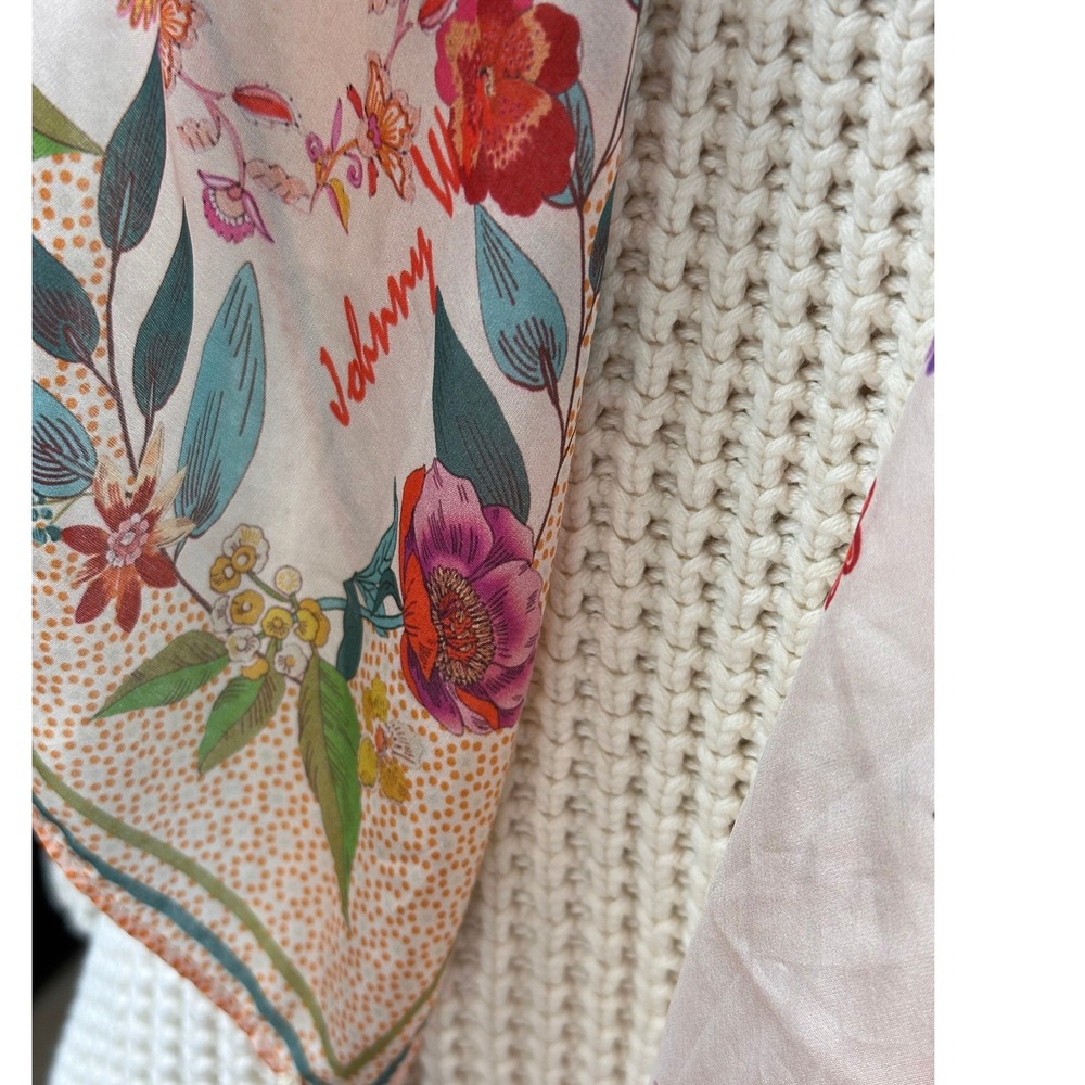 Johnny Was NWTThe Nani Silk Square Scarf Shawl Pink Floral Polka Dot Tassel Boho - Picture 11 of 12